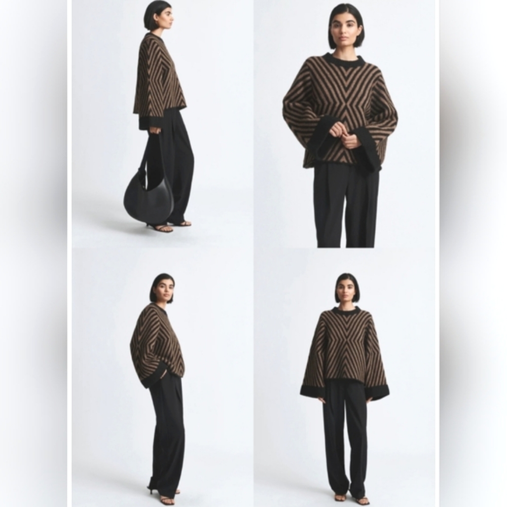 STYLEIN LARA Tan White Geometric Alpaca Wool Knit Wide Sleeves Sweater XS